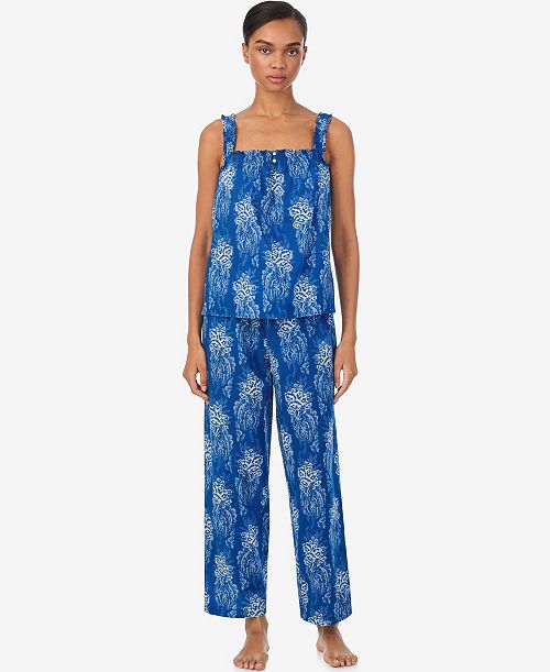 alfani Lauren Ralph Lauren Women's Square Smocked Neck Cropped Pant Pajama Set Women's Fashion Shoes & Accessories