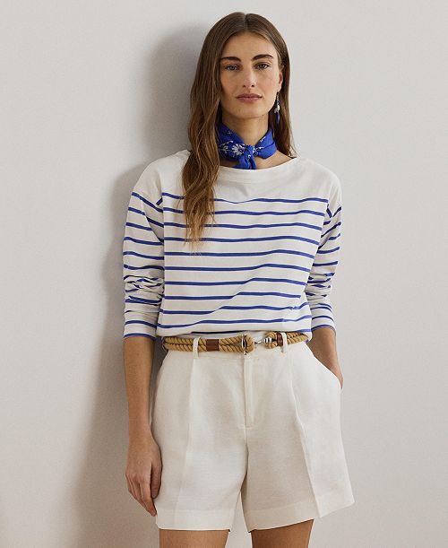 alfani Lauren Ralph Lauren Women's Striped Cotton Jersey Boatneck Top Women's Fashion Shoes & Accessories