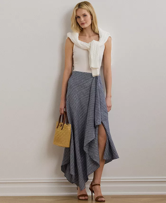 Alfani Lauren Ralph Lauren Women's Striped Linen A-Line Midi Skirt Women's Fashion Shoes & Accessories