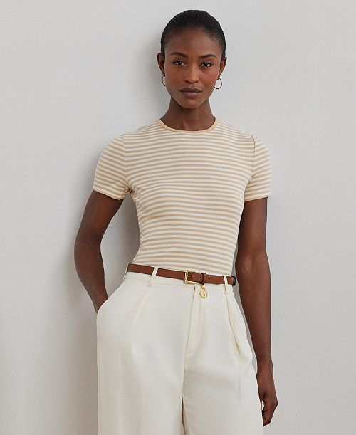 alfani Lauren Ralph Lauren Women's Striped Stretch Cotton Crewneck Tee Women's Fashion Shoes & Accessories