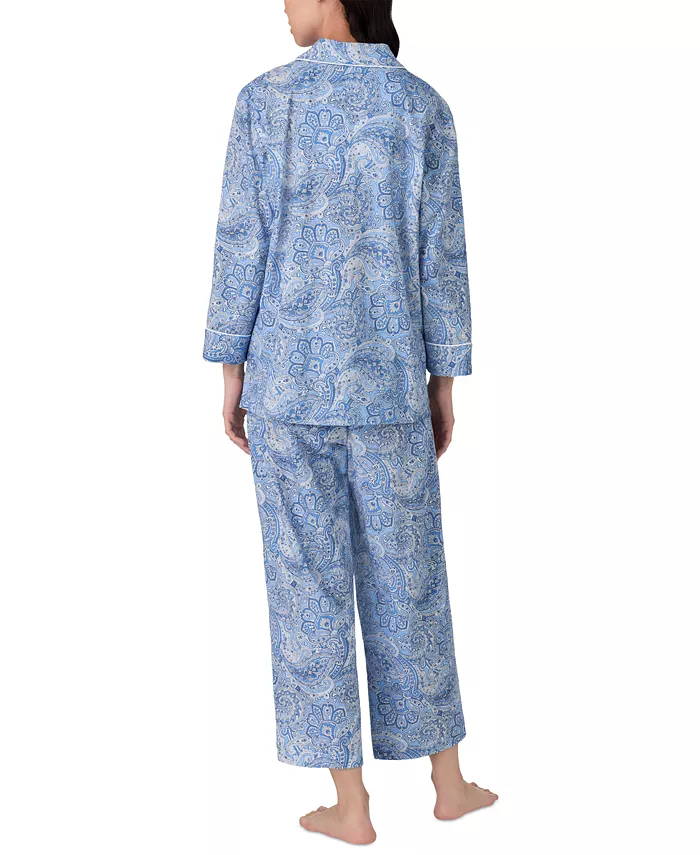 Alfani Lauren Ralph Lauren Womens 3/4 Sleeve Cotton Notch Collar Capri Pant Pajama Set Women's Fashion Shoes & Accessories