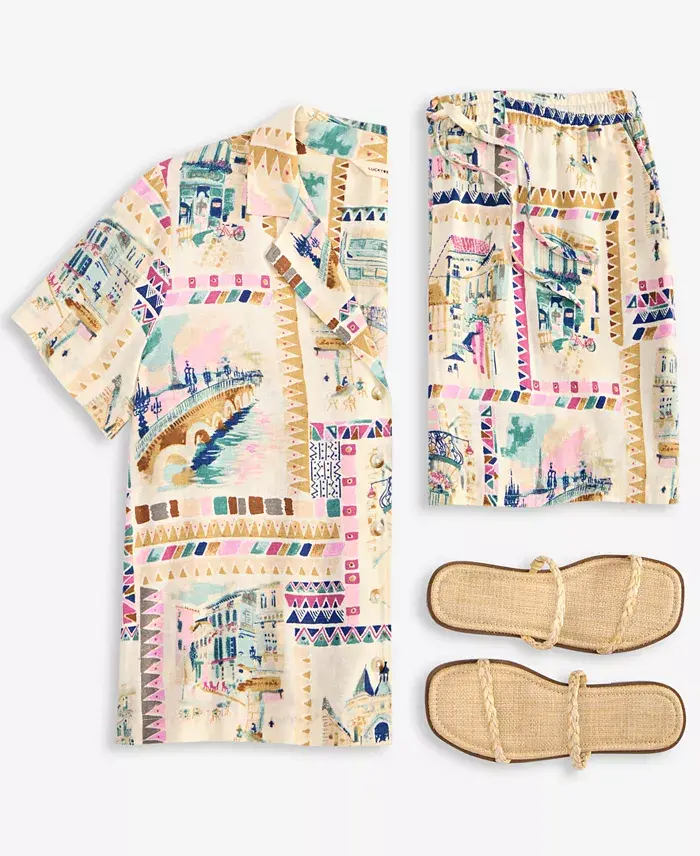 Alfani Lucky Women's Printed Linen-Blend Camp Shirt & The Beach Linen-Blend Shorts Women's Fashion Shoes & Accessories