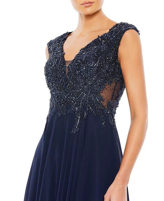 Alfani Mac Duggal Women's Appliqued Cap Sleeve Bodice Flowy Gown Women's Fashion Shoes & Accessories