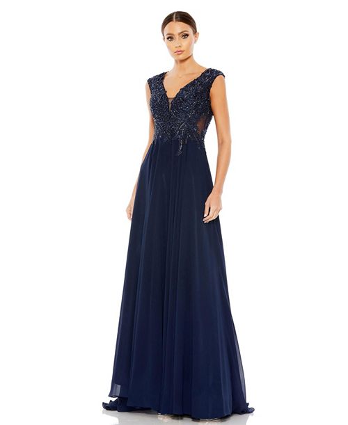 alfani Mac Duggal Women's Appliqued Cap Sleeve Bodice Flowy Gown Women's Fashion Shoes & Accessories