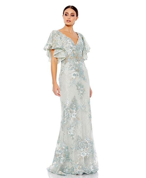 alfani Mac Duggal Women's Bell Sleeve Floral Embellished Gown Women's Fashion Shoes & Accessories