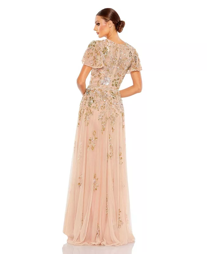 Alfani Mac Duggal Women's Embellished Butterfly Sleeve High Neck Gown Women's Fashion Shoes & Accessories