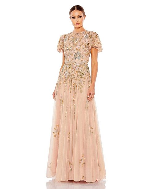 alfani Mac Duggal Women's Embellished Butterfly Sleeve High Neck Gown Women's Fashion Shoes & Accessories