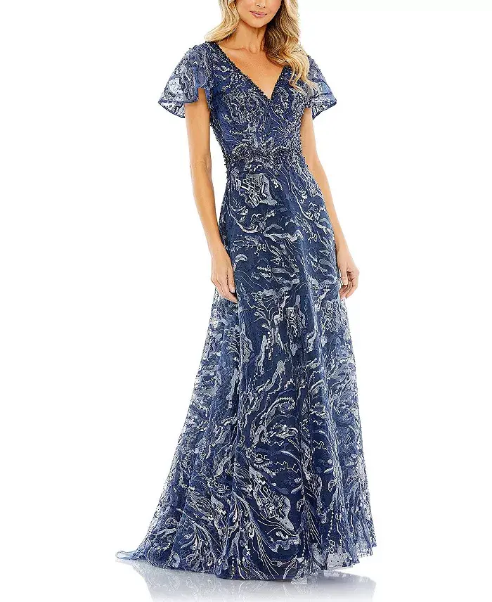 Alfani Mac Duggal Women's Embellished Illusion Butterfly Sleeve A-Line Gown Women's Fashion Shoes & Accessories