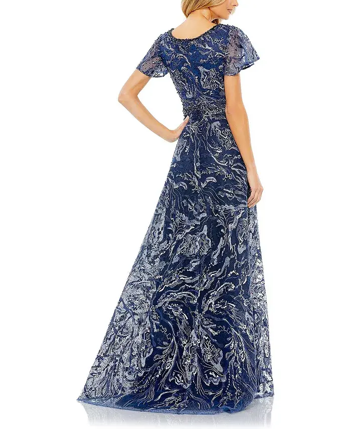 Alfani Mac Duggal Women's Embellished Illusion Butterfly Sleeve A-Line Gown Women's Fashion Shoes & Accessories