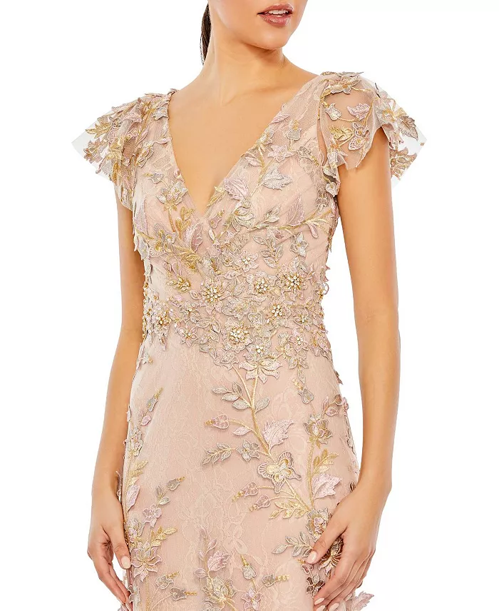 Alfani Mac Duggal Women's Embroidered Applique Wrap Over Flutter Sleeve Gown Women's Fashion Shoes & Accessories