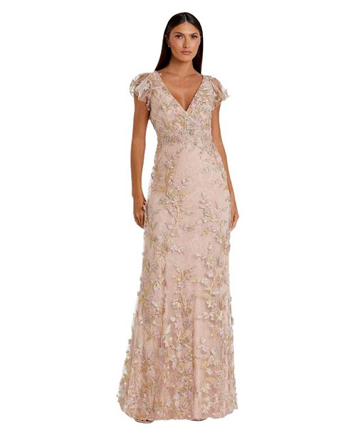 alfani Mac Duggal Women's Embroidered Applique Wrap Over Flutter Sleeve Gown Women's Fashion Shoes & Accessories