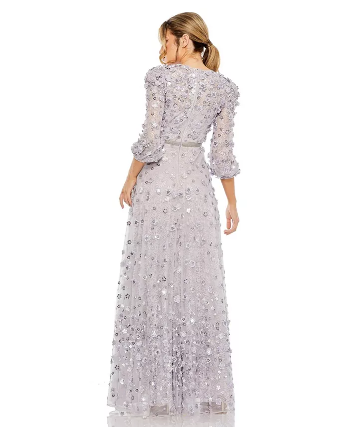 Alfani Mac Duggal Women's Floral Applique Puff Sleeve High Neck A-Line Gown Women's Fashion Shoes & Accessories