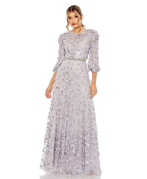 alfani Mac Duggal Women's Floral Applique Puff Sleeve High Neck A-Line Gown Women's Fashion Shoes & Accessories