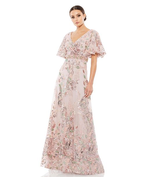 alfani Mac Duggal Women's Floral Embellished Short Sleeve Gown Women's Fashion Shoes & Accessories