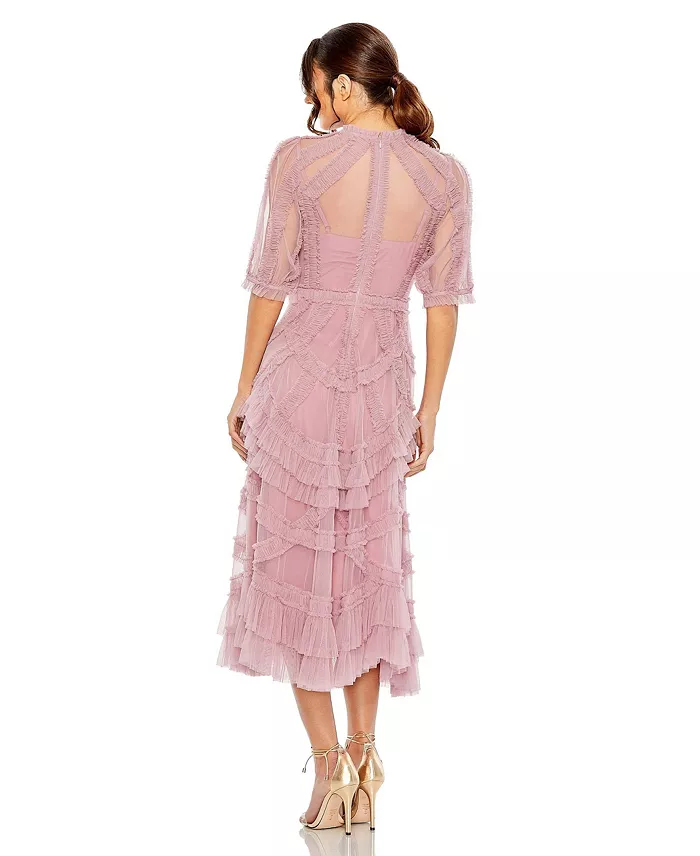 Alfani Mac Duggal Women's High Neck Puff Sleeve Ruffle Tiered Dress Women's Fashion Shoes & Accessories