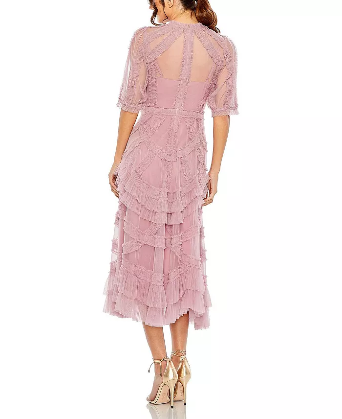 Alfani Mac Duggal Women's High Neck Puff Sleeve Ruffle Tiered Dress Women's Fashion Shoes & Accessories