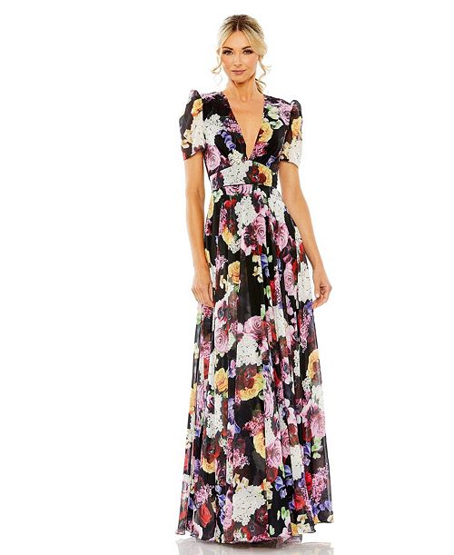 alfani Mac Duggal Women's Ieena Floral Print Mesh Cap Sleeve Gown Women's Fashion Shoes & Accessories