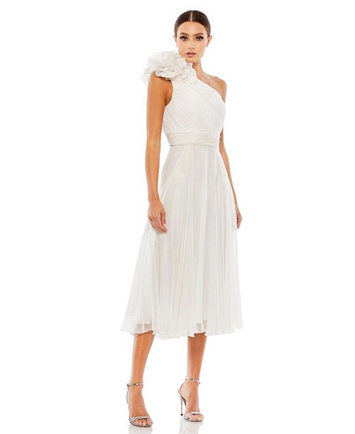 alfani Mac Duggal Women's Rosette One Shoulder Tea Length Dress Women's Fashion Shoes & Accessories