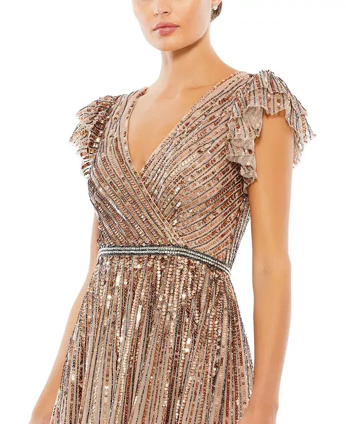 Alfani Mac Duggal Women's Sequined Wrap Over Ruffled Cap Sleeve Gown Women's Fashion Shoes & Accessories