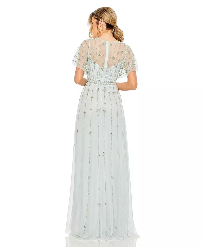 Mac Duggal Women's V-Neck Embellished Flutter Sleeve A Line Gown Women's Fashion Shoes & Accessories