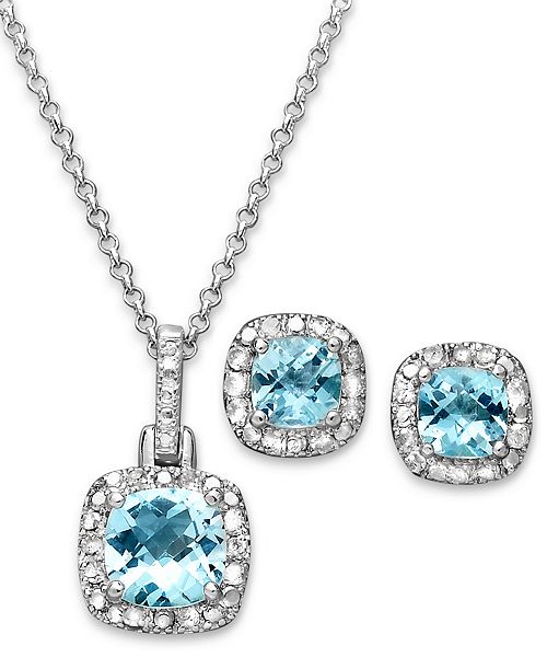 alfani Macy's Blue Topaz (3-1/10 ct. t.w.) & Diamond Accent Sterling Silver 18" Pendant Necklace and Stud Earrings Set Jewelry & Watches