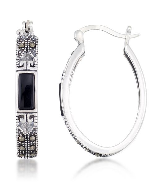 alfani Macy's Onyx (7.5 x 5.3mm) & Marcasite Oval Hoop Earrings in Sterling Silver Jewelry & Watches