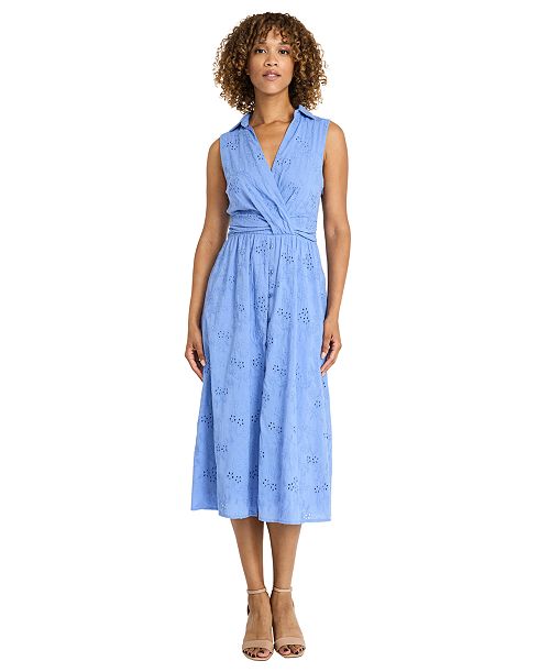 alfani Maggy London Women's Cotton Eyelet V-Neck Shirtdress Women's Fashion Shoes & Accessories