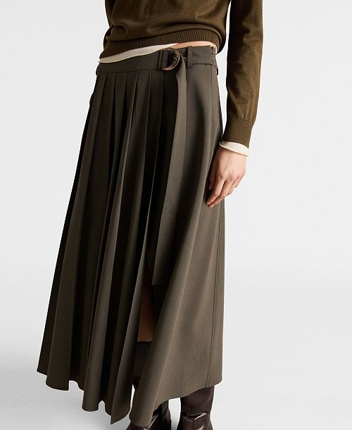 alfani MANGO Women's Belt Buckle Pleated Skirt Women's Fashion Shoes & Accessories