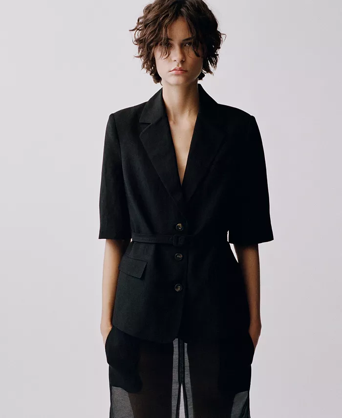 Alfani MANGO Women's Belted Linen-Blend Suit Jacket Women's Fashion Shoes & Accessories