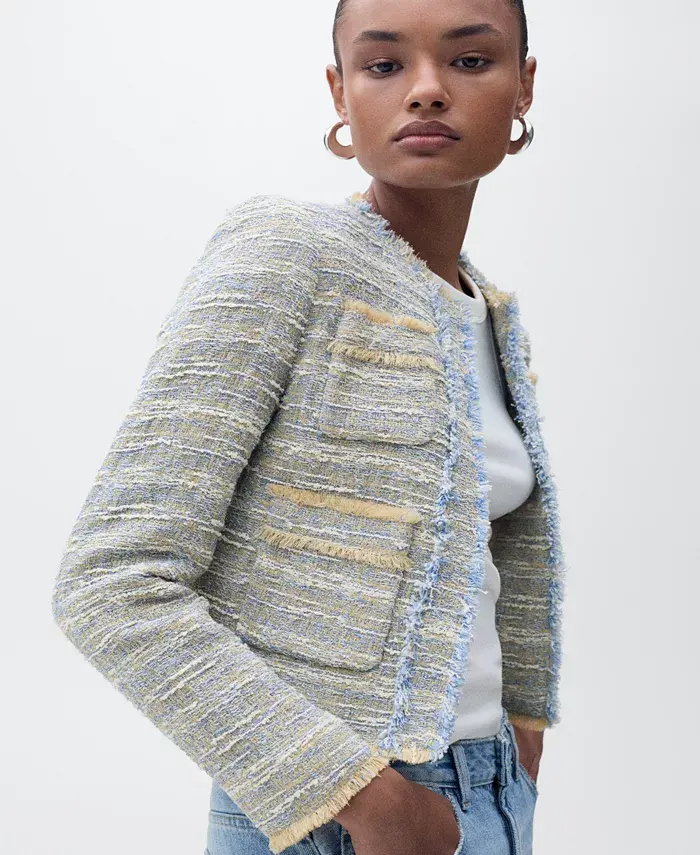 Alfani MANGO Women's Frayed Ends Tweed Jacket Women's Fashion Shoes & Accessories