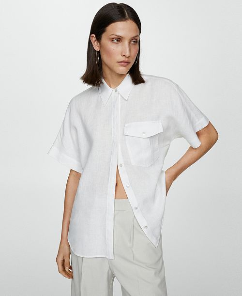 alfani MANGO Women's Pocket Linen Shirt Women's Fashion Shoes & Accessories