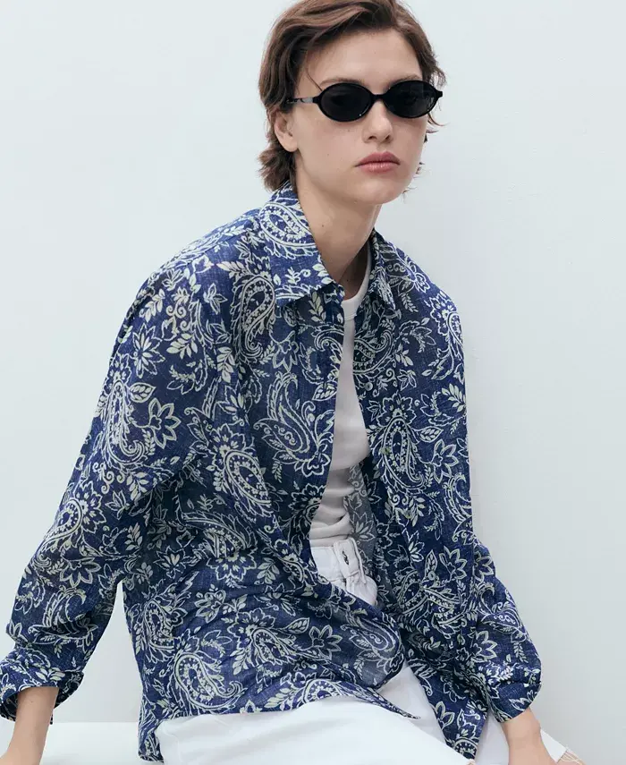 Alfani MANGO Women's Printed Cotton Shirt Women's Fashion Shoes & Accessories