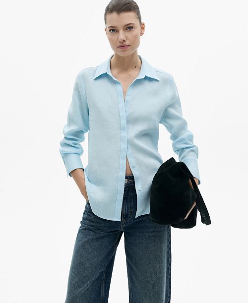 alfani MANGO Women's Regular-Fit Linen Shirt Women's Fashion Shoes & Accessories