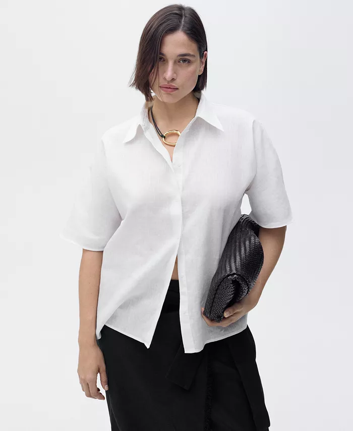 Alfani MANGO Women's Short Sleeve Linen-Blend Shirt Women's Fashion Shoes & Accessories