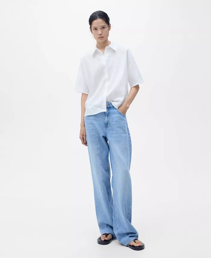 Alfani MANGO Women's Short Sleeve Linen-Blend Shirt Women's Fashion Shoes & Accessories
