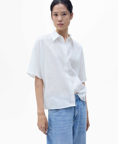 alfani MANGO Women's Short Sleeve Linen-Blend Shirt Women's Fashion Shoes & Accessories