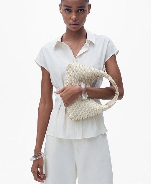 alfani MANGO Women's Short Sleeve Pleated Shirt Women's Fashion Shoes & Accessories