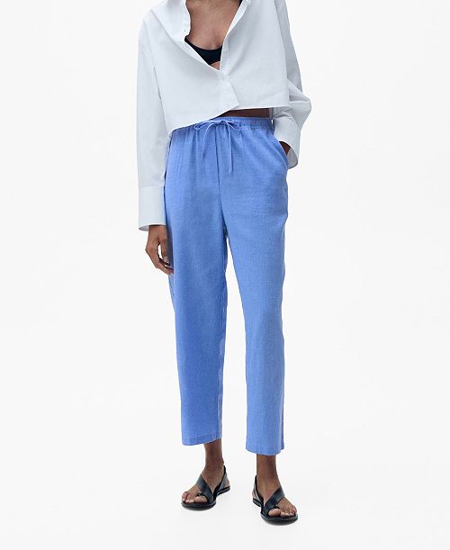 alfani MANGO Women's Straight Linen-Blend Trousers Pants Women's Fashion Shoes & Accessories