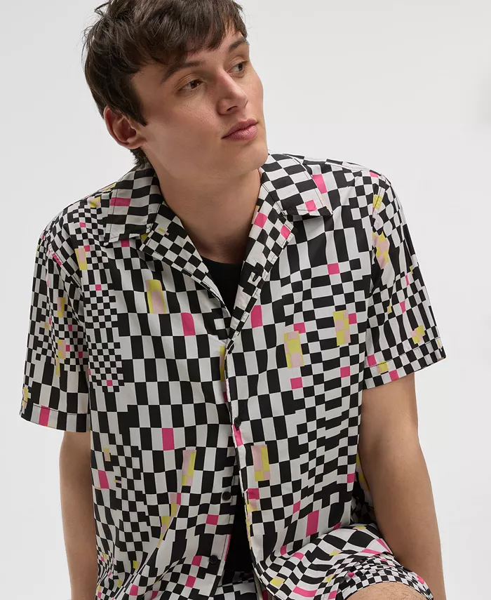 Alfani Mode Of One Men's Mixed Check Relaxed-Fit Printed Button-Down Camp Shirt Exclusively At Macy's Men's Fashion & Accessories
