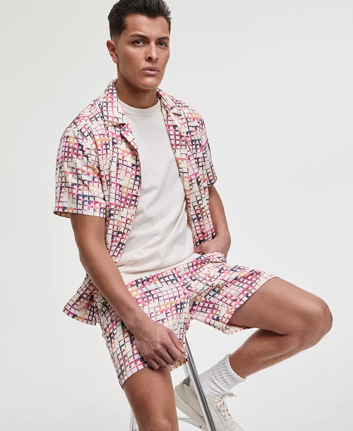 Alfani Mode Of One Men's Squared Up Relaxed-Fit Geo-Print Button-Down Shiny Twill Camp Shirt & Relaxed-Fit Geo-Print 6-1/2" Shiny Twill Shorts Exclusively At Macy's Men's Fashion & Accessories