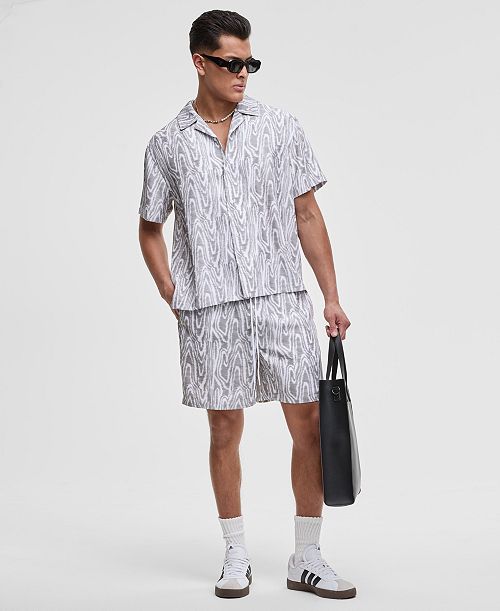 alfani Mode of One Men's Woodgrain Relaxed-Fit Printed Button-Down Shiny Twill Camp Shirt & Relaxed-Fit Printed 6-1/2" Shiny Twill Shorts Exclusively at Macy's Men's Fashion & Accessories