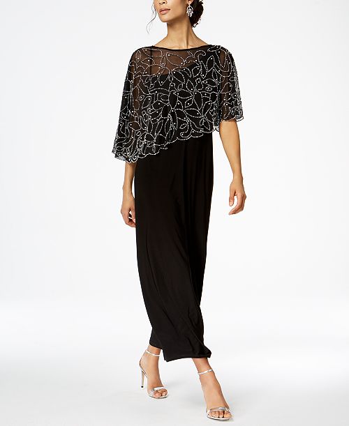 alfani MSK Women's Boat-Neck Embellished-Cape Jersey-Knit Gown Women's Fashion Shoes & Accessories