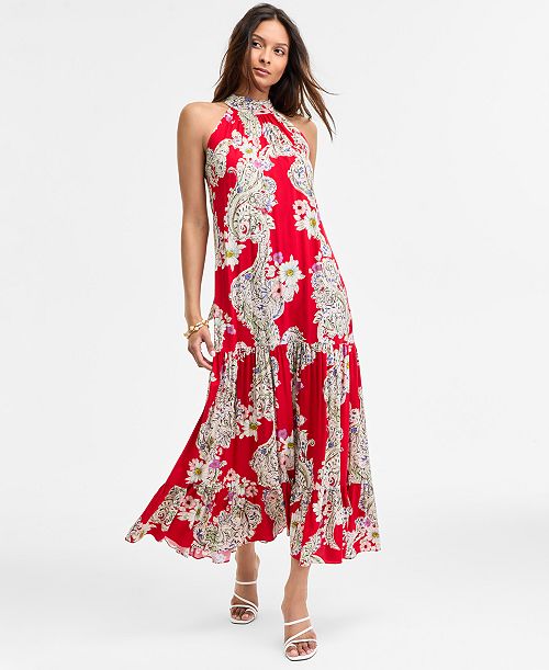 alfani MSK Women's Paisley Floral-Print Tiered Maxi Dress Women's Fashion Shoes & Accessories