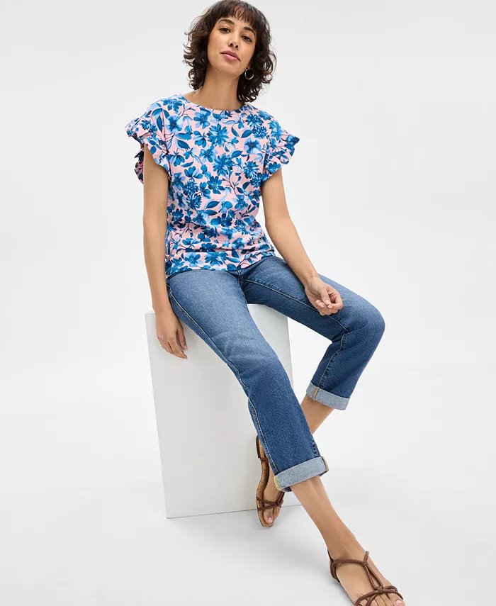 Alfani Nautica Jeans Women's Floral-Print Ruffle-Sleeve Top Women's Fashion Shoes & Accessories