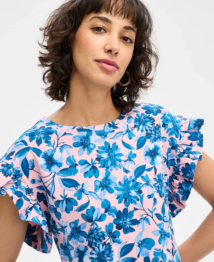 Alfani Nautica Jeans Women's Floral-Print Ruffle-Sleeve Top Women's Fashion Shoes & Accessories