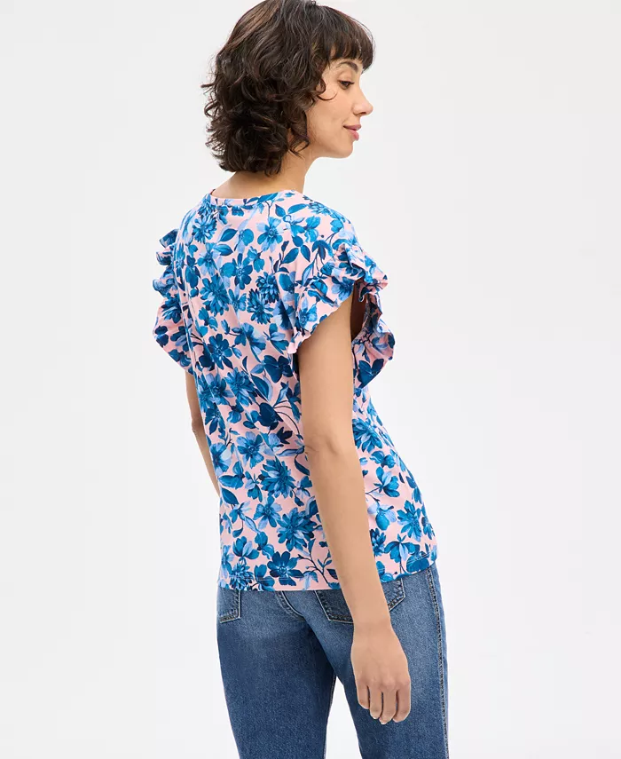 Alfani Nautica Jeans Women's Floral-Print Ruffle-Sleeve Top Women's Fashion Shoes & Accessories