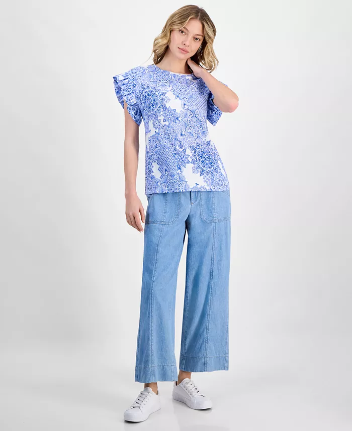 Alfani Nautica Jeans Women's Printed Flutter-Sleeve Top Women's Fashion Shoes & Accessories