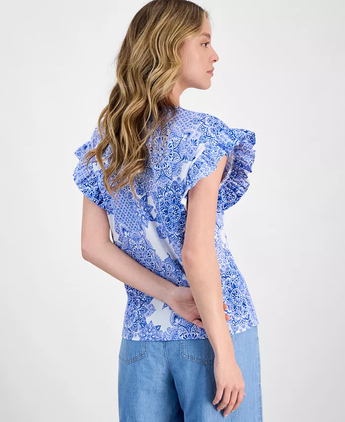 Alfani Nautica Jeans Women's Printed Flutter-Sleeve Top Women's Fashion Shoes & Accessories