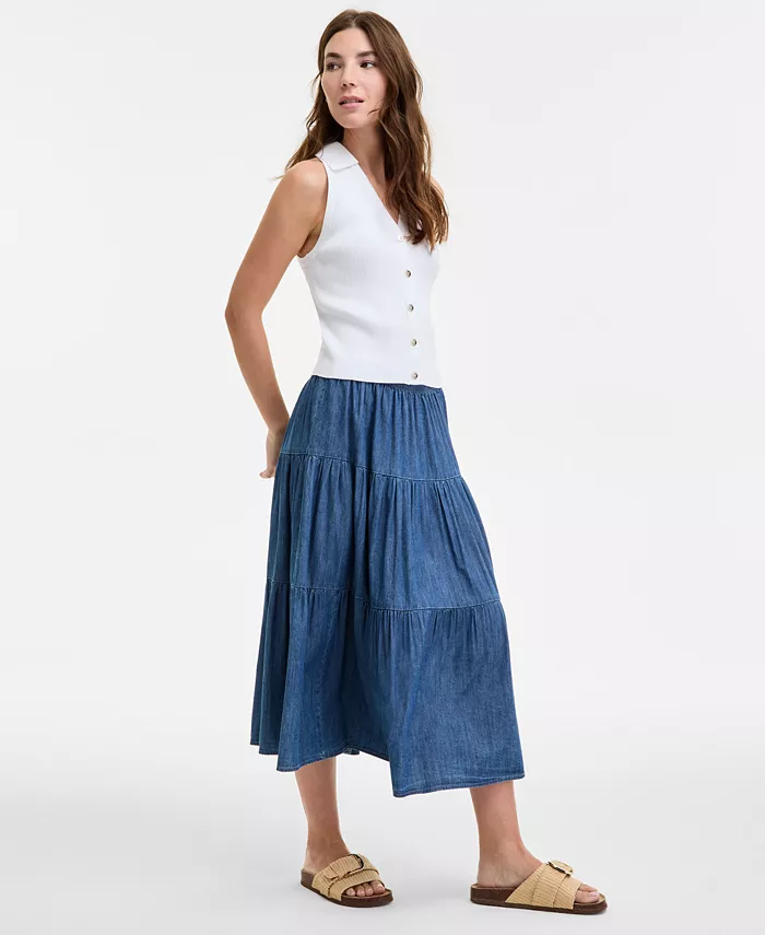 Alfani Nautica Jeans Women's Three-Tiered Chambray Midi Skirt Women's Fashion Shoes & Accessories