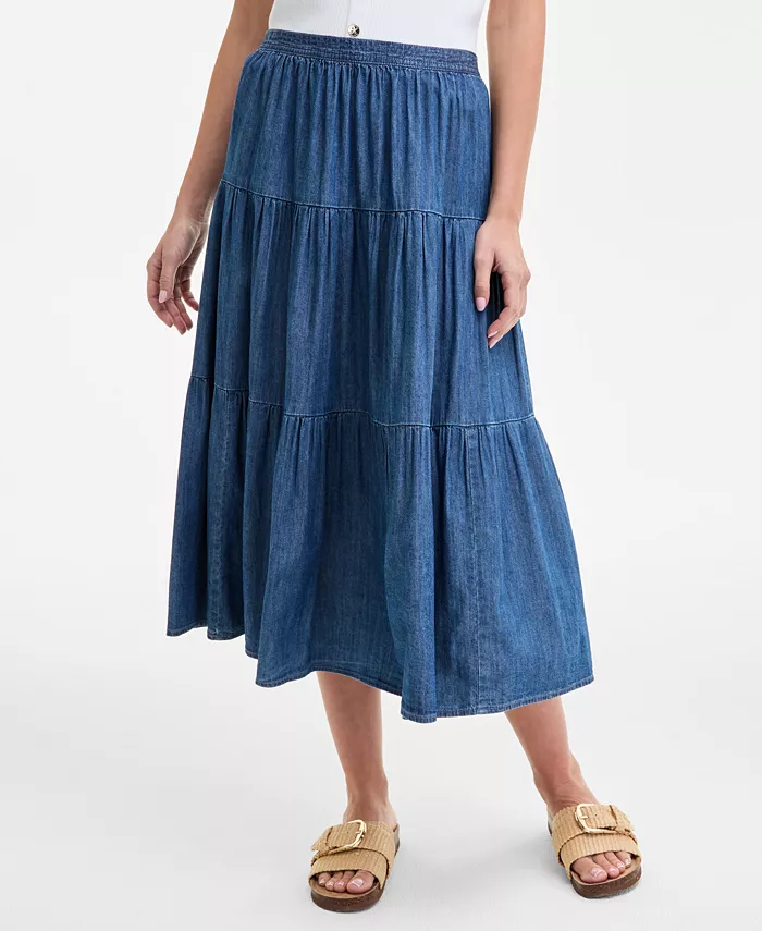 Alfani Nautica Jeans Women's Three-Tiered Chambray Midi Skirt Women's Fashion Shoes & Accessories